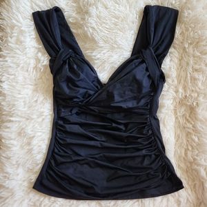 Badgley Mischka Pin Up Old Hollywood Style Rouched Black Tanktini Swim Top 6